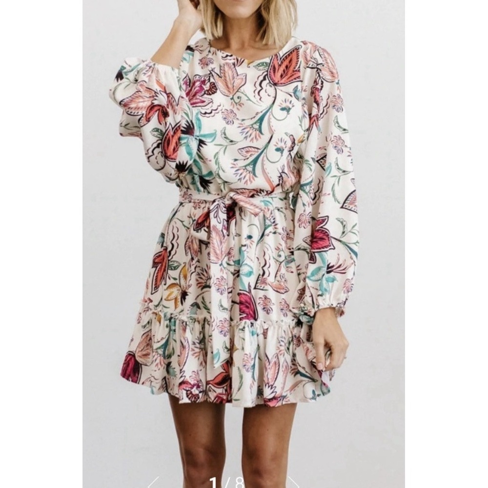 Baltic Born Tally Mini Dress Flirty Floral Spring Belted Chiffon, Size Small